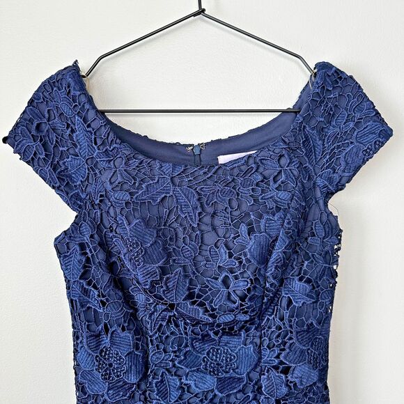 JS Collections Navy Cap Sleeve Lace Midi Dress Womens Size 2 - Picture 3 of 8